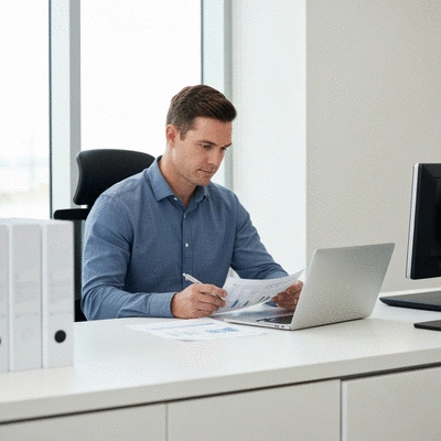 Australian landlord reviewing financial documents and a laptop with property management software, bright modern office, no text, no words, no typography, 8K, clean image