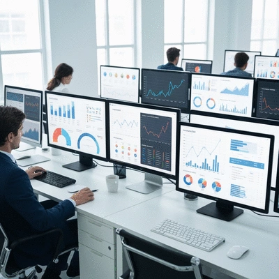 Modern office setting with charts and graphs on screens, representing data analysis