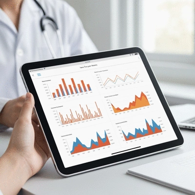 Digital interface showcasing tenant screening results on a tablet, with graphs and data, in a professional setting