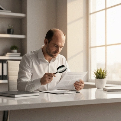 Landlord reviewing tenant application documents with a magnifying glass on a modern desk
