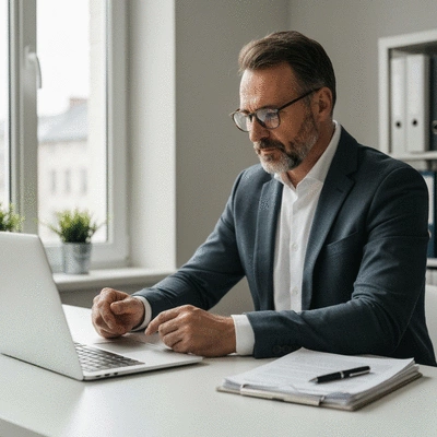 Landlord reviewing tenant applications on a laptop, with documents and a pen on a clean desk