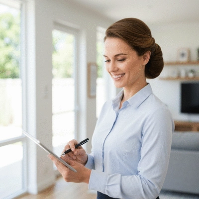 Landlord using a tablet to manage compliance checklist in a modern, well-maintained rental property