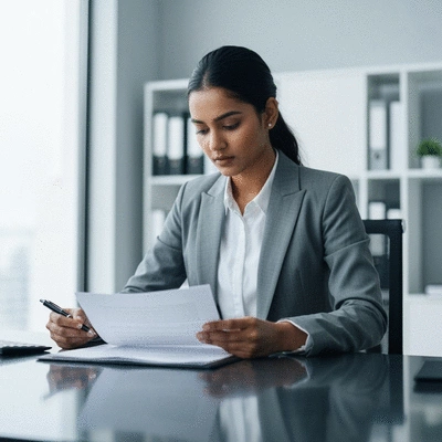 Property manager reviewing legal documents at a desk, professional and focused, no text, no words, no typography, clean image