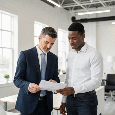 Professional property manager reviewing commercial lease documents with a business owner