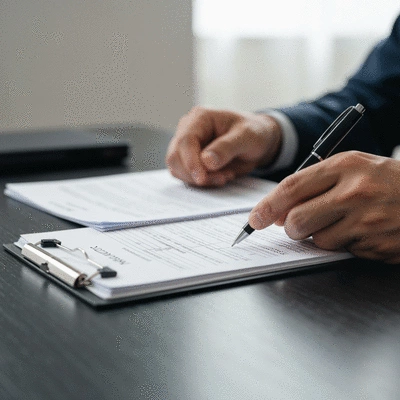 Close-up of hands organizing maintenance records and documents on a clean desk