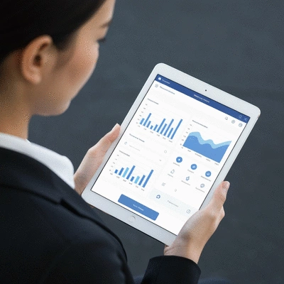 A tablet displaying a modern tenant screening software interface with graphs and data