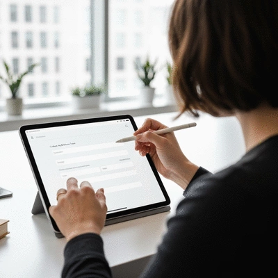 Close-up of a hand using a tablet to fill out an online tenant application form, with a modern workspace background
