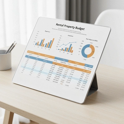 Detailed financial spreadsheet for rental property budget with graphs and charts on a desk, no text, no words, no typography, 8K, clean image