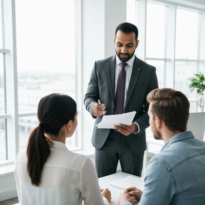 Property manager explaining legal documents to tenants in a modern office