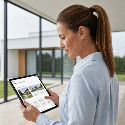 Property owner reviewing maintenance schedule on a tablet, with a house in the background