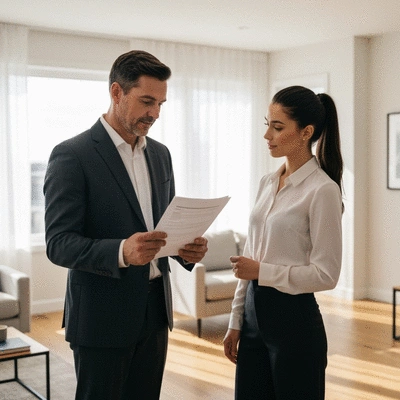 Landlord reviewing compliance documents with a tenant in a modern rental property living room