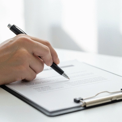 Close-up of a checklist for property manager compliance on a clipboard, hands holding a pen, focused, no text, no words, no typography, clean image