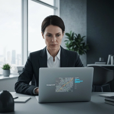 Investor researching emerging suburbs on a laptop, with a map on screen