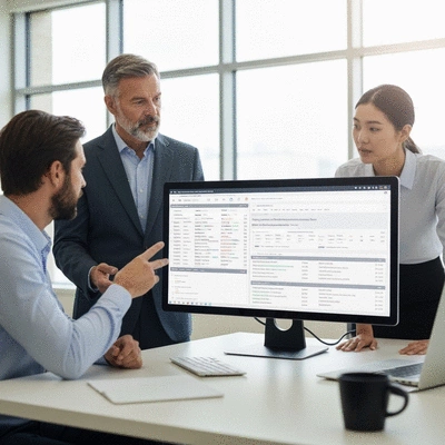 Property management team collaborating on compliance software on a large screen