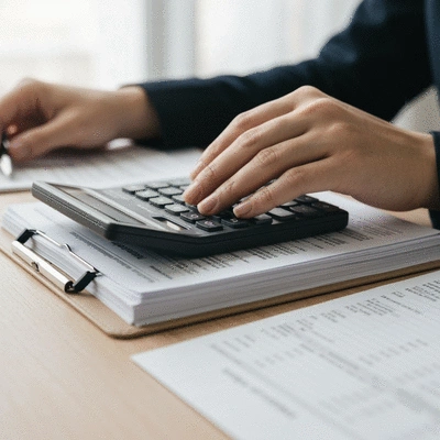 Close-up of a hand holding a calculator over financial documents and a ledger, symbolizing trust account management