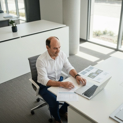 Australian property owner reviewing documents and laptop, planning investments
