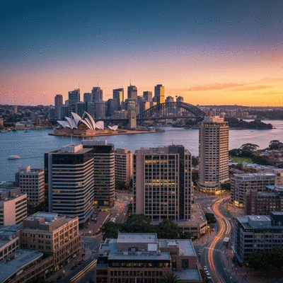 Modern cityscape of Sydney, Australia at dusk with commercial buildings